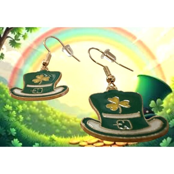 St Patricks Day Leprechaun Hat  Earrings Shamrock Green Dangle Hooks New… - Picture 3 of 10